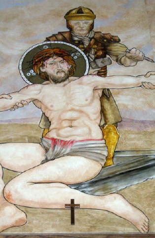 ELEVENTH STATION Jesus is nailed to the Cross..From the Gospel according to Matthew 27:37-42 And over his head they put the charge against him, which read, "This is Jesus the King of the Jews". Then two robbers were crucified with him, one on the right hand and one on the left. And those who passed by derided him, wagging their heads and saying, "You who would destroy the temple and build it in three days, save yourself! If you are the Son of God, come down from the Cross". So also the chief priests with the scribes and elders mocked him, saying, "He saved others; he cannot save himself. He is the King of Israel; let him come down now from the Cross and we will believe in him".