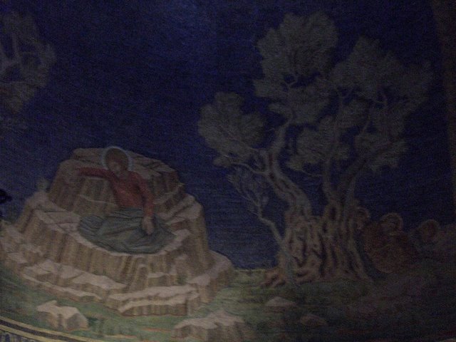 The scene depicting Christ's last night in Gethsemane, and the disciples sleep under an olive tree.